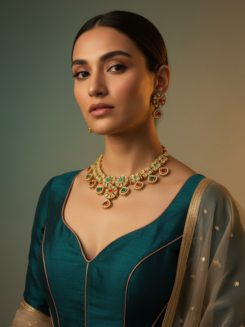 Navratan Kundan Necklace Set - Minaki