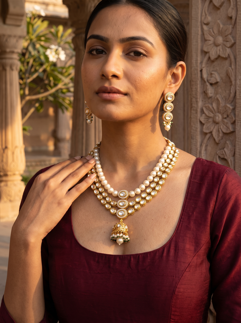 Noor Kundan Layered Necklace Set - Minaki