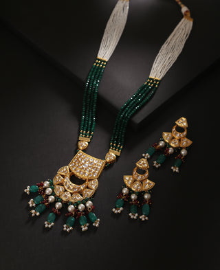 Long Kundan Set with Emerald colored Beads