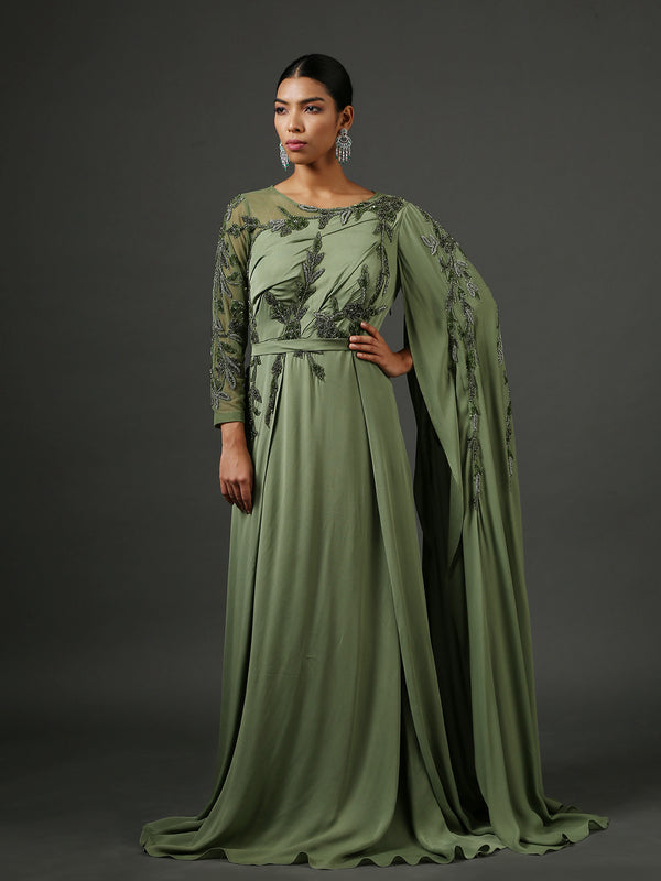 Olive Hand Embroidered Drape Gown