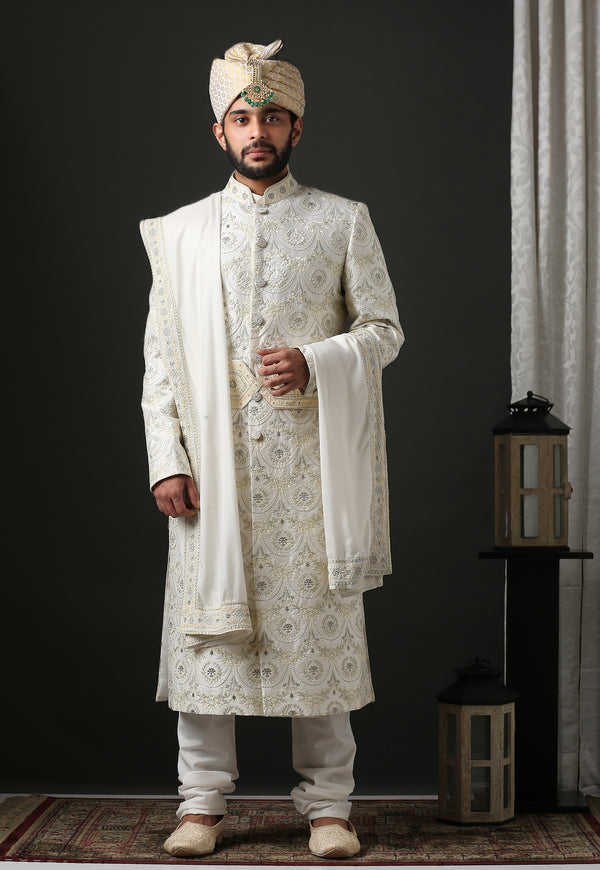 Luxurious Modern White Hand Embroidered Sherwani