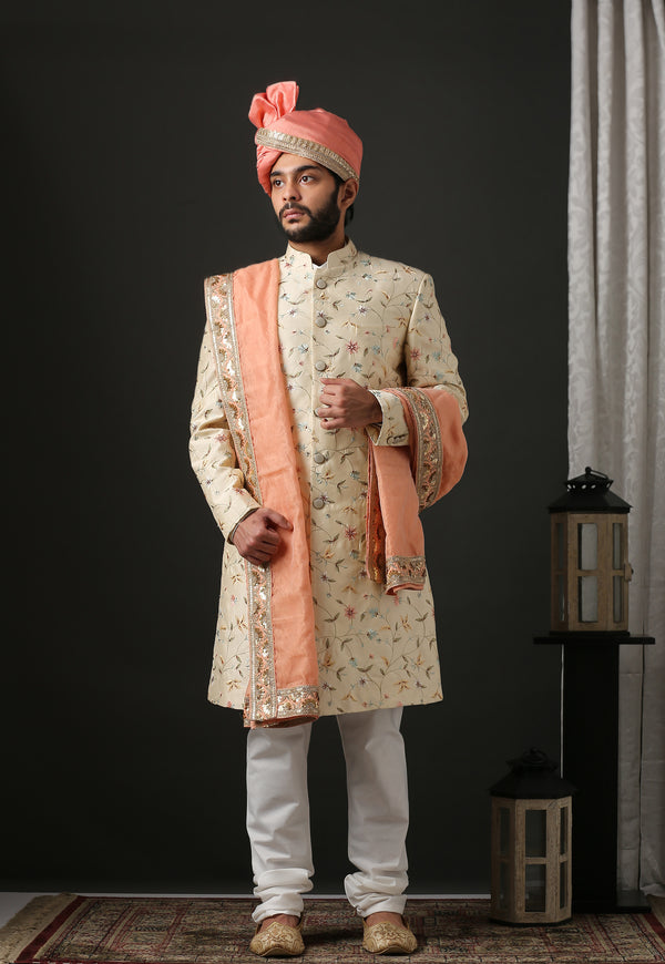 Contemporary Floral Embroidered Beige Sherwani
