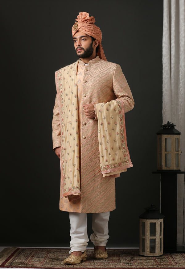 Stylized Contemporary Peach Colored Embroidered Sherwani