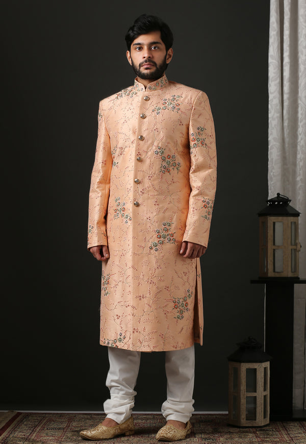 Contemporary Floral Embroidered Peach Sherwani