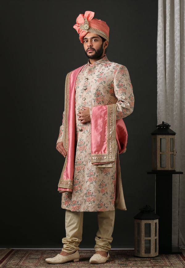 Classic Floral Embroidered Pink Sherwani