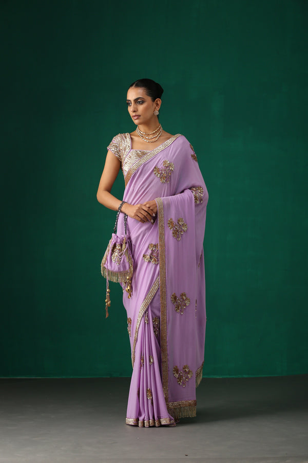 Purple Hand Embroidered Sequence Saree