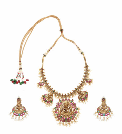 MINAKI TEMPLE JEWELLERY SET : LAXMI LOTUS TEMPLE SET - Minaki