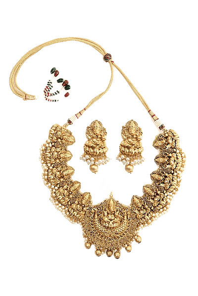 MINAKI Sets TEMPLE JEWELLERY SET  : LAXMI TEMPLE SET WITH WHITE PEARLS. - Minaki