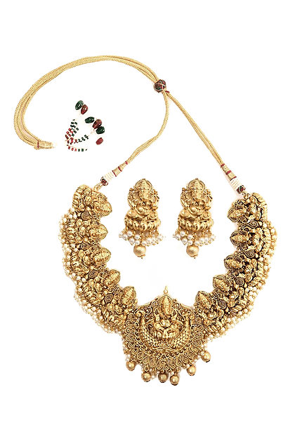 MINAKI Sets TEMPLE JEWELLERY SET  : LAXMI TEMPLE SET WITH WHITE PEARLS. - Minaki