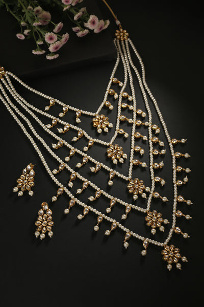 Long and Layered pearl and kundan necklace set - Minaki