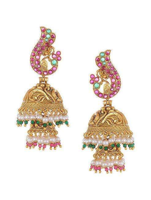 MINAKI Earrings TEMPLE EARRINGS  - JHUMKAS WITH COLORED BEADS - Minaki