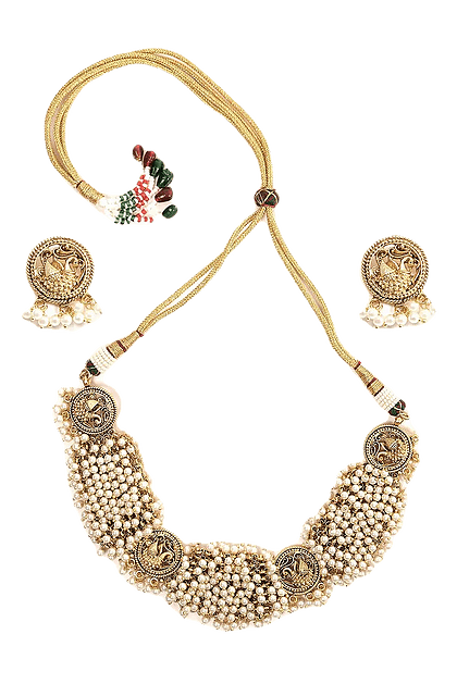 MINAKI Sets TEMPLE JEWELLERY SET : LAXMI TEMPLE SET WITH WHITE PEARLS (CHOKER) - Minaki